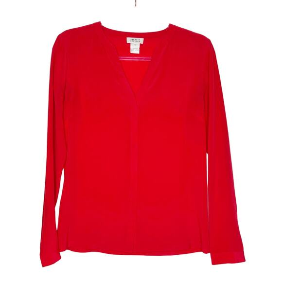 BARNEYS NEW YORK Silk Chiffon Long Sleeve Blouse V-Neck Button-Down Red Size 8 - Picture 1 of 11